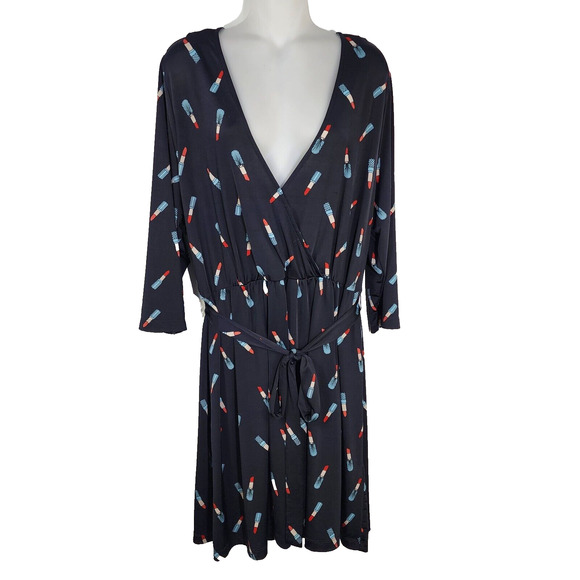 Forever 21 Plus Womens Dress 3X Black Lipstick Faux Wrap 3/4 Sleeve Fit N Flare - Picture 1 of 11